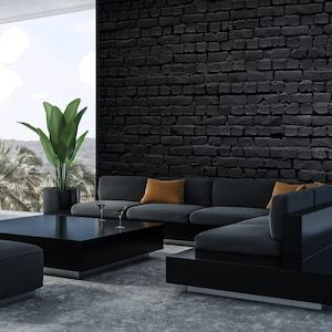 Black Wallpaper Accent Wall Living Room, Black Wallpaper Living Room, Black Brick Wallpaper, 3d Brick Wall Panels, Brick Wall Mural, Black Brick Wall, Black Feature Wall, Feature Wall Living Room, Feature Wall Bedroom