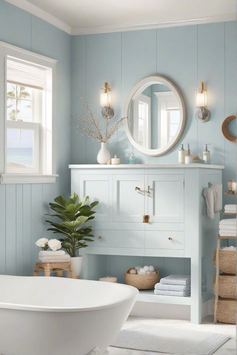 Unwind with soothing coastal blues in your bathroom this winter solstice! Dive into a daily interior designer routine for a crisp and cool space. #Ad #homedecor #homedesign #bathroom #Painthome interiorarchitecture best Wall Colors for Bathroom Colors Bright Room Colors best colors combinations bathroom bathroom Remodeling Modern Paint Colors 2024 Pale Blue And White Bathroom, Bathroom With Light Blue Tile, Pale Blue Bathroom Tiles, Blue Walls In Bathroom, Bathroom Light Colors, Baby Blue Bathroom Ideas, Light Blue Bathroom Walls, Bathroom Inspiration Blue, Light Blue Bathrooms