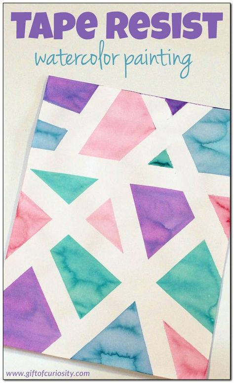 Tape resist watercolor painting - a fun art project for young kids! || Gift of Curiosity Resist Watercolor Painting, Bandana Rajut, Easy Crafts For Teens, Diy Dekor, Crafts For Teens To Make, Cool Art Projects, Design Geometric, Fun Art, Cool Diy Projects