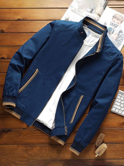 Navy Blue Casual  Long Sleeve Cotton Plain Other Embellished Non-Stretch Spring/Fall Men Outerwear Faux Leather Jacket Men, Jackets Fashion Casual, Jacket Sport, Jacket Summer, Color Block Shirts, Stretch Denim Fabric, Workwear Jacket, Standing Collar, Plain Color