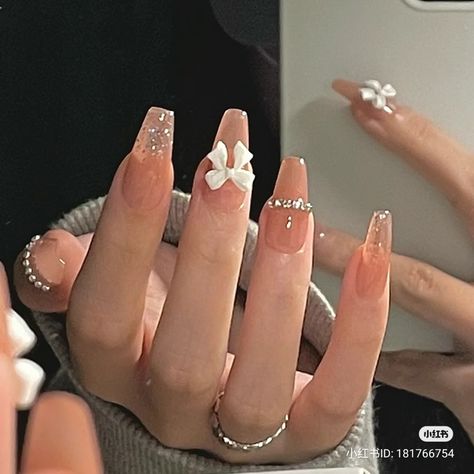 Nail Inspiration Douyin, Aesthetic Korean Nails Long, Gloss Nails Acrylic, Cute Korean Nails Acrylic, Gel Nail Designs Douyin, Coffin French Tip With Jewels, Soft Jelly Nails, Korean Douyin Nails, Pretty Nails Korean