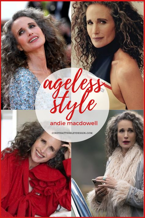 Raise Your Hand if you Love Andie MacDowell's Silver Locks - Cindy Hattersley Design Andie Mcdowell Grey Hair, Andie Macdowell Style, Andie Macdowell Hair, Andie Mcdowell, Bob Inspiration, Graceful Aging, Over 50 Style, Cindy Hattersley, Grey Hair Care
