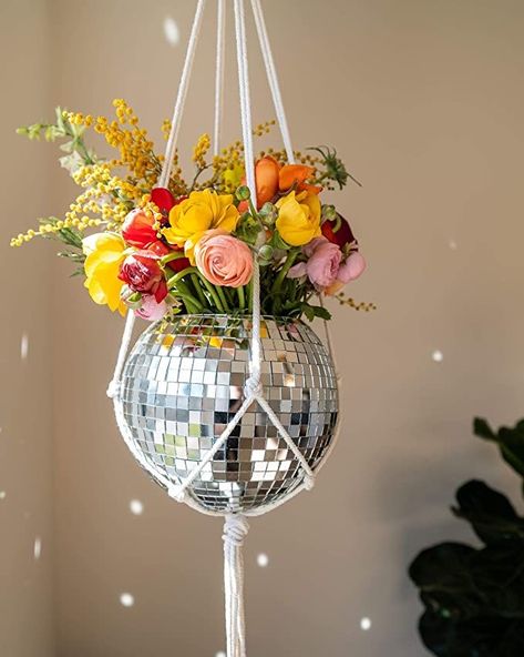 Hanging Plant Hangers, Disco Hanging Planter, Disco Ball In Plant Hanger, Macrame Plant Hanger Disco Ball, Macrame Plant Hanger Aesthetic, Mirror Plants Wall, Cute Boho Decor, Plant Disco Ball, Disco Ball Plant Aesthetic