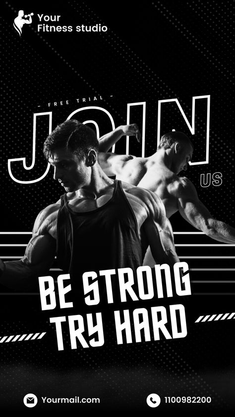 Be strong, try hard gym poster design for your gym promotion, advertisement and marketing. Join us and try our service for your next design:)
Don't forget to Follow us on #pinterest Gym Promotion Poster, Gym Ads Creative, Gym Advertisement Poster, Gym Graphic Design, Gym Poster Design, Fitness Poster Design, Gym Advertising, Silver Rakhi, Fitness Park