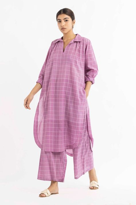 Buy Three Purple Handwoven Cotton Checkered Shirt Tunic And Pant Set Online | Aza Fashions Dresses, Pakistani Dresses, Purple, Gol Daman Kurti Design, Pant Set For Women, Checkered Shirt, Pant Set, Set For Women, Summer Style