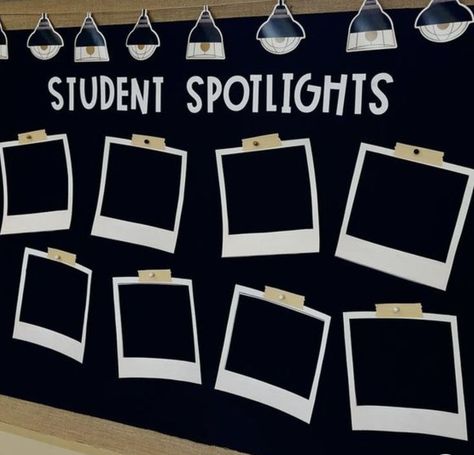 Sense Of Belonging Bulletin Board, Polaroid Bulletin Board Ideas, Spotlight Bulletin Board Ideas, Lights Camera Action Bulletin Board, Picture Bulletin Board Ideas, Student Spotlight Bulletin Board, Polaroid Bulletin Board, Class Board Decoration Ideas, School Display Board Ideas