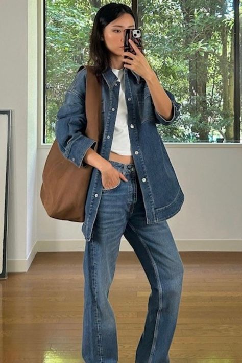 woman wearing an oversized denim shirt, white t-shirt, and jeans Mismatched Denim Outfit, Styling Denim Shirt, Denim Long Sleeve Shirt Outfit, Long Sleeve Shirt Outfit, Sleeve Shirt Outfit, Chloe Style, Long Sleeve Shirt Outfits, Denim Long Sleeve Shirt, Body Decor