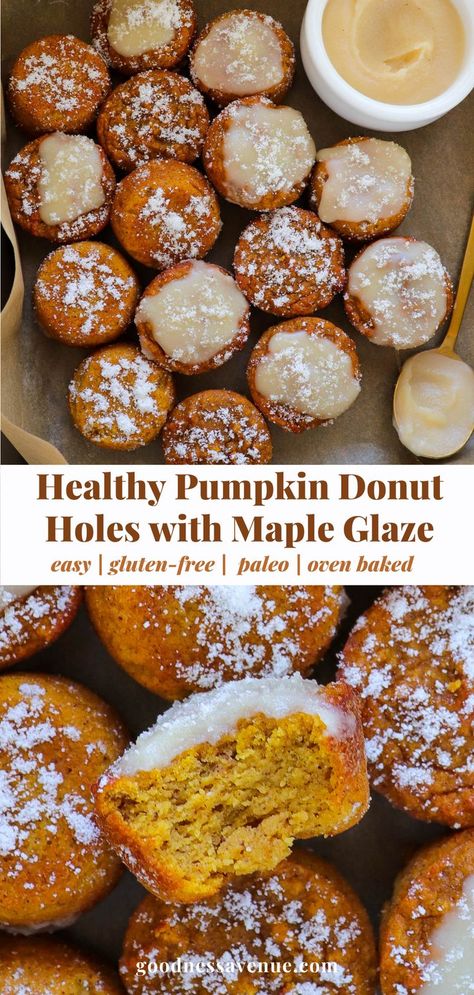 Mini donut holes. Pumpkin Donut Holes, Pumpkin Donut, Desserts Vegan, Healthy Baked, Donut Holes, Maple Glaze, Healthy Sweets Recipes, Healthy Pumpkin, Baked Pumpkin