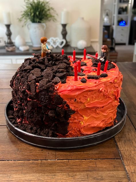 Battle Of Mustafar Cake, I Have The High Ground Cake, Star Wars Cake Anakin Obi Wan, Easy Funny Birthday Cakes, Star Wars Mustafar Cake, Anakin And Obi Wan Cake, Star Wars Lava Cake, Mustafar Cake Star Wars, Star Wars Birthday Cake Easy