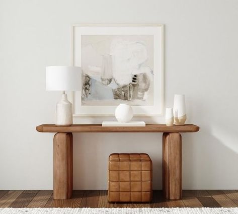 51 - 60 inches 61 - 70 inches Console Tables | Pottery Barn Console With Ottoman, Wooden Console Table Decor, Poufs Under Console Table, Console Table With Poufs, Unique Entryway Table, Console Table With Ottoman Underneath, Ottomans Under Console Table, Entrance Table Ideas, Wood Console Table Entryway