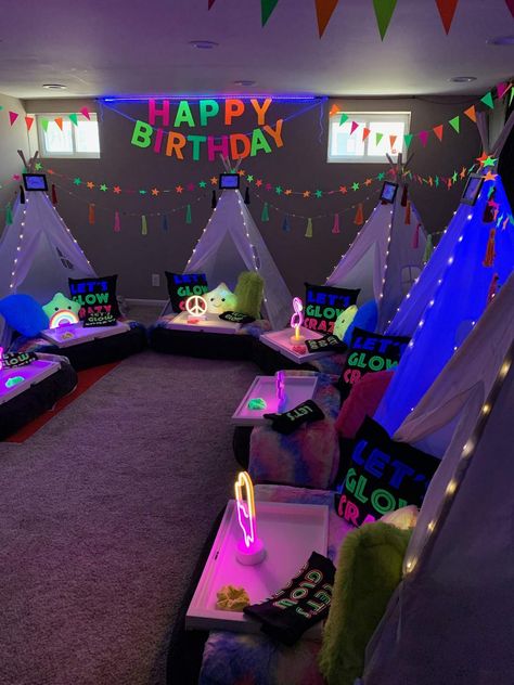 Neon Birthday Sleepover, Let’s Glow Crazy, Glow Birthday Party Ideas, Preteen Birthday Parties, Crazy Catch, Preteen Birthday, 12th Birthday Party Ideas, Glow Theme Party, Crazy Birthday