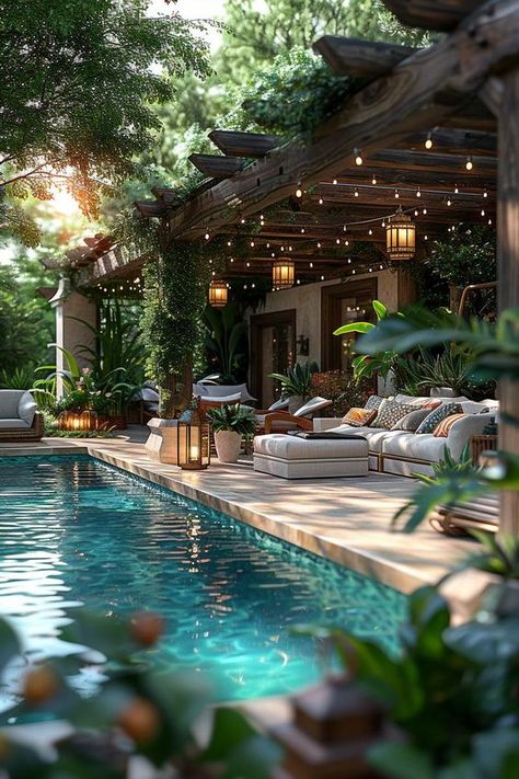 15 Best Pool Landscaping Ideas You’ll Love 15 Landscape And Pool Design, Pool With Greenery, Backyard Cabana Ideas Diy Pool Houses, Swim Pool Aesthetic, Plants Near Pool, Arizona Pool Landscaping Ideas, Infinity Pools Backyard Ideas, Rustic Pool House Ideas, Amazing Pools Backyard Luxury