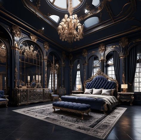 Grand Opulence: A Lakeside Luxury Manor Dream Home Luxury Manor, Enchanting Bedroom, Blue And Gold Bedroom, Castle Bedroom, Royal Bedroom, Fantasy Bedroom, Gold Bedroom, Whimsical Wonderland, Castle House