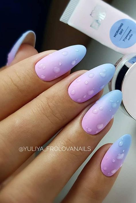 Matte Pink And Blue Ombre Nails With Drops Accents #drops #mattenails ★ Ombre nails for summer, spring and other seasons. Anything on the scale from classy French to trendy glitter design is covered. No matter whether white, natural, blue or pink colors you prefer, there is something for you here! ★ #ombrenails #ombre #nailsdesign #nailsart Gradient Nails With Design, Unique Nail Color Combos, Pastel Ombré Nails, Airbrush Nail Designs Ombre, Easter Ombre Nails, Spring Ombre Nails Pastel Colors, Pastel Nails Ombre, Colorful Ombre Nails, Bright Ombre Nails