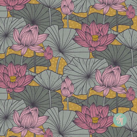 A zen pastel pink lotus flower and pastel green lotus leaves pattern on a mustard background. Lotus Pattern Illustration, Lotus Print Pattern, Lotus Leaf Illustration, Yoga Symbols Art, Lotus Flower Illustration, Sketchbook Collage, Lotus Flower Pattern, Mustard Background, Lotus Motif