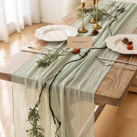 Cheese Cloth Table Runner, Cheese Cloth Table, Bohemian Garden Party, Cheesecloth Table Runner, Green Table Runner, Rustic Table Runners, Table Runner Size, Wedding Shower Decorations, Green Table