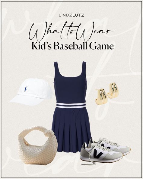 Summer activities for kids is in full swing! I love putting together casual everyday Summer outfits that make me feel put together. This navy tennis dress, white polo ball cap, woven cream shoulder bag, veja sneakers, gold earrings is the perfect outfit for a baseball mom. Tap to shop this everyday Summer outfit! Baseball Games For Kids, Everyday Summer Outfits, Chic Swimsuit, Veja Sneakers, Kids Baseball, Breezy Dress, White Polo, Gameday Outfit, Baseball Game