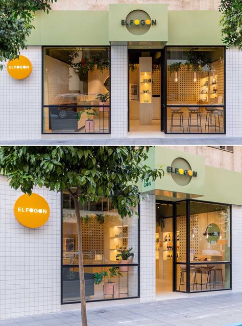 Takeaway Window Design, Small Shop Interior, Takeaway Shop, Wood Plants, White Square Tiles, Cafeteria Design, Juice Bar Design, Cafe Exterior, Black Window Frames