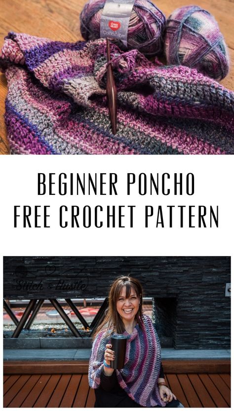 Learn how to crochet this beginner poncho with this free crochet pattern by Stitch and Hustle. @stitchandhustle #freecrochetpattern #diycrochet #diyponcho #crochetponcho #beginnercrochet #beginnercrochetpattern #fallcrochet #fallgarmentcrochet #stitchandhustle Ponchos, Simple Poncho, Shawl Free Crochet Pattern, Self Striping Yarn, Poncho Patterns, Poncho Crochet, Crochet Poncho Free Pattern, Poncho Shawl, Crochet Poncho Patterns