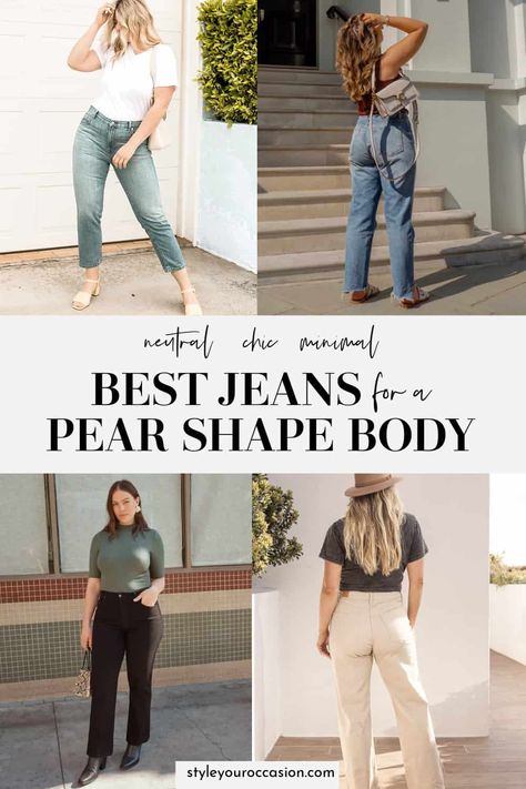 Do you have a pear shape body (plus size or standard)? Get inspiration for pear shaped outfits with jeans! Learn exactly which jeans are best for a pear figure and get casual ideas for spring, summer, and pear shaped body outfits aesthetic you'll love. Outfit Inspiration Pear Shape, Wide Leg Jeans On Pear Shape, Plus Size Summer Outfits Pear Shape, Pear Petite Body Shape, Outfits For Pear Shaped Women Plus Size, Styling Pear Shape Outfit Ideas, Wide Leg Jeans For Pear Shape, Jeans For Petite Pear Shape, Everyday Outfits Pear Shape