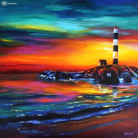 Take a look at this stunning #sunset !!! #painting by artist Muralidhar Suvarna   Check out more art by Murlidhar on #Showflipper  #painting #artwork Nature, Sunset Art Painting, Painting Lighthouse, Beach Sunset Painting, Sunsets Beach, Canvas Art For Sale, Lighthouse Painting, Realism Painting, Canvas Paintings For Sale