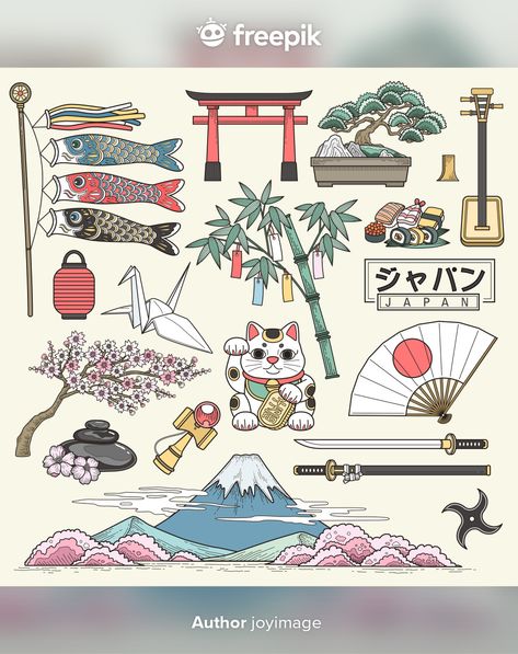 Drawing Japanese Style, Japanese Objects, Japanese Elements, Travel Elements, Japanese Art Style, Japan Illustration, Japan Country, Japanese Drawings, Japanese Illustration