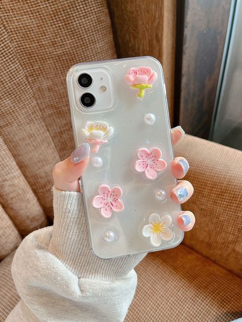 Multicolor  Collar  TPU Floral Phone Cases Embellished   Phone/Pad Accessories Fimo, Case Resin, Clay Dough, Diy Phone Case Design, Decoden Case, Clay Crafts For Kids, Produk Apple, Diy Case, Girly Phone Cases