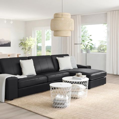 Kivik Sectional, Black Leather Sofa Living Room, Black Sofa Living Room Decor, Black Sofa Living Room, Kivik Sofa, Black Leather Couch, Ikea Kivik, Leather Couches Living Room, Black Couches