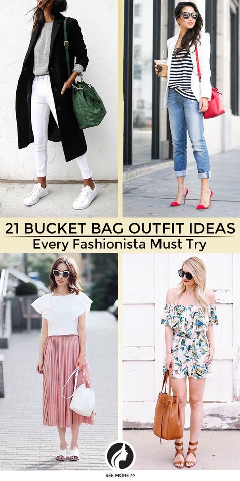 A bucket bag has many advantages: firstly, it is fashionable; secondly, it is compact; and most importantly, it is appropriate to wear it to work. Bucket Bag Outfit, Bucket Bags Outfit, Bag Outfit Ideas, Bucket Bag Style, Bucket Purse, Bag Outfit, You Have No Idea, Stylish Bag, Cloth Bags