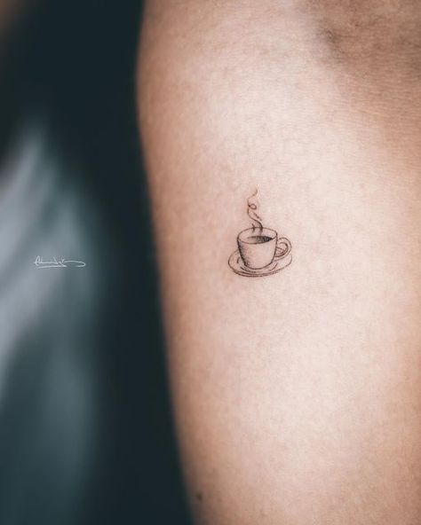 Small Tattoos Coffee Cup, Small Cup Of Coffee Tattoo, Dainty Coffee Cup Tattoo, Time Tattoo Ideas Small, Minimalist Coffee Mug Tattoo, Mini Coffee Tattoo, Coffee Croissant Tattoo, Aesthetic Coffee Tattoo, Small Coffee Mug Tattoo