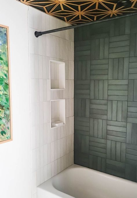 Modern Vintage Bathroom - DIY Remodel • Refresh Living Diy Modern Bathroom, Modern Bathroom Makeover, Green Shower Tile, Tile Bathroom Ideas, Modern Vintage Bathroom, White Subway Tile Bathroom, Green Tile Bathroom, Tile Tub Surround, Subway Tile Showers