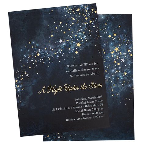 This Sparkle Stars Invitation features a beautiful little piece of the cosmos! The dark blue invite comes with silver and gold foil and printed stars on both sides. Customize the front the invite with your choice of text to convey the date, time, and place of your next special event. It's a smart and elegant choice for a corporate holiday party, New Year's Eve celebration, awards banquet, birthday, anniversary, and much more.  Size is 5" x 7" Two-sided design Has a luxurious feel and look, inclu Prom Themes Starry Night, Night Wedding Theme, Wedding Dark Blue, Starry Night Wedding Theme, Starry Night Prom, Stars Invitation, Prom Invites, Prom Tickets, Star Themed Wedding