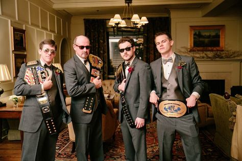 A wrestling-themed wedding worthy of a championship belt! | Bamber Photography Wrestling Wedding, Wwe Wedding, Heavy Metal Wedding, Wwe Party, Wedding Jobs, Championship Belt, Funny Wedding Photos, Plan My Wedding, Wedding Honeymoons