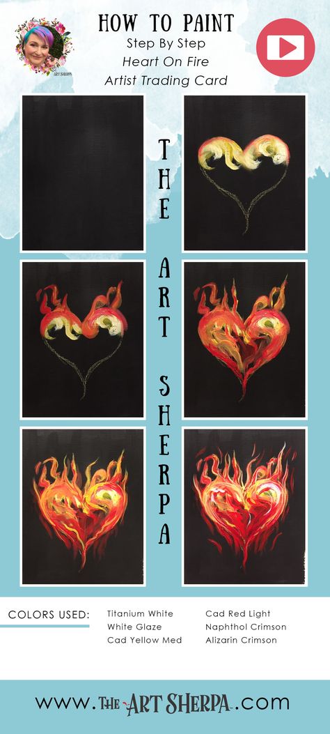 Heart Acrylic Painting Ideas, Painting Flames Fire Acrylic, Heart On Fire Painting, Fire Painting Acrylic Easy, Heart On Fire Drawing, How To Paint Fire, Paint And Sip Ideas Step By Step, Paint Valentines, Painting Fire
