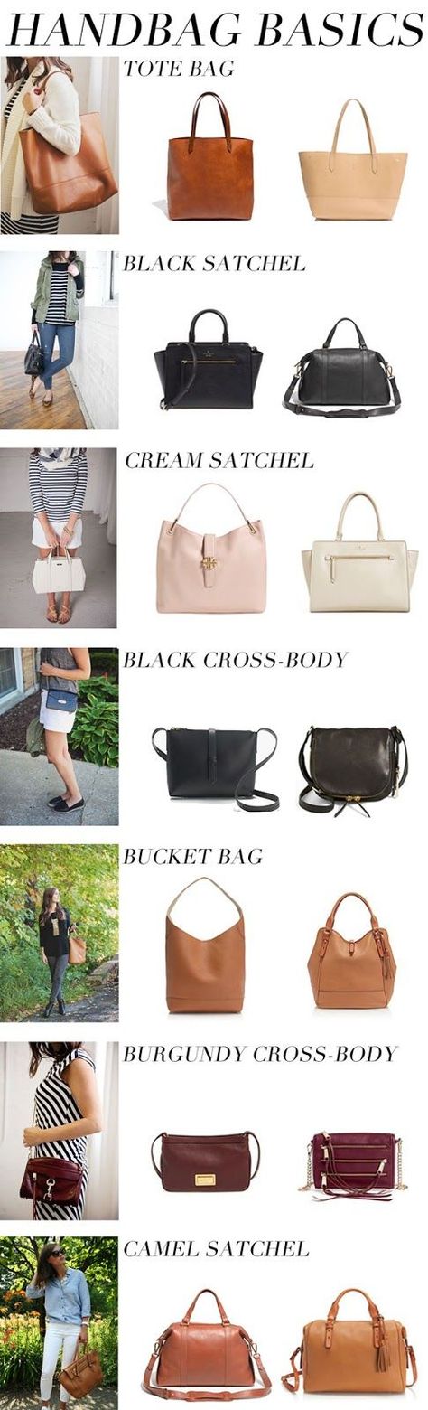 handbag basics... | The Good Life For Less | Bloglovin’ Types Of Purses Handbags, Bags That Go With Everything, Basic Bags For Women, Purses In Style Now, Bags Every Woman Should Own, Basic Bags, How To Have Style, Sacs Design, Fashion Vocabulary