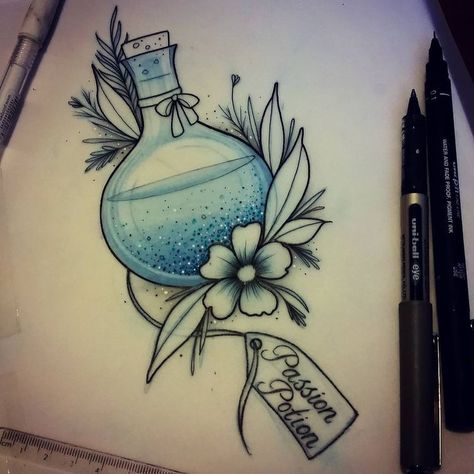 Love Potion Drawing, Love Potion Tattoo, Traditional Tattoo Cover Up, Potion Tattoo, Uk Tattoo, Interesting Tattoos, Traditional Flowers, Common Tattoos, Art Passion