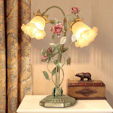 Flared Bedroom Night Table Light Pastoral Metal 1/2 Lights Green Nightstand Lamp with Flower Decoration - Clearhalo Bedroom Designs, Bedroom Night, Cute Bedroom Decor, Pretty Room, Dreamy Room, Dream Room Inspiration, Dream House Interior, Room Makeover Inspiration, Cute Room Decor