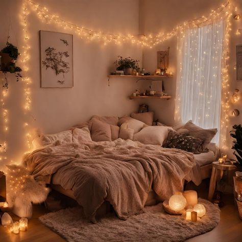 Different Aesthetic Bedrooms, Fluffy Room Ideas, Small Cosy Room Ideas, Nature Aesthetic Rooms, Cozy Bedroom Aesthetic Small Room, Aesthetic Room Ideas With Fairy Lights, Cozy Bed Against Wall, Cute And Cozy Bedroom Ideas, Comfy Room Ideas Aesthetic