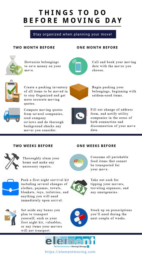 Things To Do Before Moving Day  Figure out what you should do before moving day to make sure you're prepared! When you're ready, visit Elementmoving.com for free #moving quotes, #tips and information.  #move #movers #movingcomapny Organisation, Move Out Tips First Time, What You Need To Move Out, Things To Buy When Moving Out, Moving Home Tips, How To Get Ready To Move Out, Things To Do Before Moving Out, Before Moving Out, Before You Move Checklist