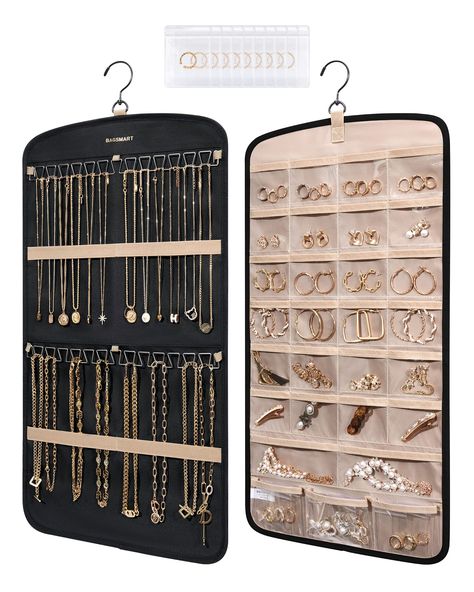 PRICES MAY VARY. Polyester Roomy Capacity- Dual sided hanging jewelry organizer can storage and display a bulk of jewelry. Complete with 29 transparent pockets and 10 PVC anti-tarnish plastic bags , this jewelry storage can hold your rings, earrings, bracelets, watches, hairpins or other accessory. No more scatter them around. And the other side can accommodate 24 necklaces Thoughtfully Designed Hooks- Necklace organizer comes with 2 rows of sturdy metal hooks offer much easier and faster to acc Hanging Jewelry Storage, Closet Wall, Earring Hanger, Jewelry Organizer Storage, Hanging Jewelry Organizer, Jewelry Rack, Large Bracelet, Jewelry Roll, Jewelry Hanger