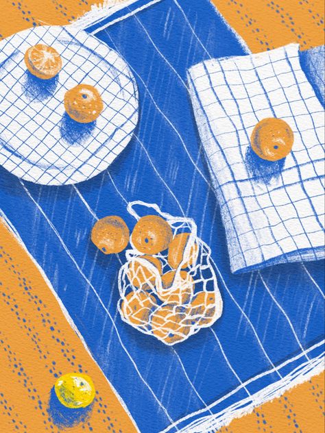 Blue Orange White Aesthetic, Blue Orange Illustration, Orange Blue Room, 2024 Prompts, Orange And Blue Aesthetic, Notion Homepage, Oranges Poster, Summer Still Life, Orange Illustration