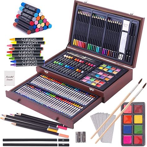 Amazon.com: 143 Piece Deluxe Art Set, Art Supplies in Portable Wooden Case-Painting & Drawing Kit with Crayons, Oil Pastels, Colored Pencils, Watercolor Cakes, Sharpener, Sandpaper- Professional Art Kit (143 PCS) Wooden Art Box, Cake Sketch, Watercolor Cakes, Box Drawing, Drawing Kit, Drawing Kits, Oil Pastel Colours, Watercolor Cake, Pencil Painting