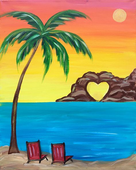 Summer Scenes To Paint, Beach Seen Drawing, Cute Water Paintings Easy, Draw Summer Ideas, Beach Canvas Painting Easy, Seascape Paintings Easy, Easy Beach Sunset Painting, Drawing Ideas For Summer, Beach Scenes Painting