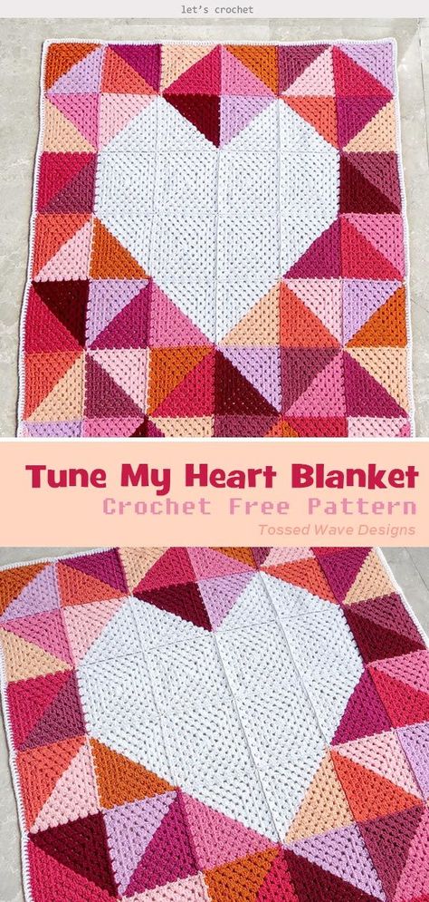 Tune My Heart Blanket Free Crochet Pattern #freecrochetpatterns #easycrochet #valentinesday Patchwork, Patchwork Blankets, Crochet Patchwork Blanket, Heart Blanket Pattern, Crochet Heart Blanket, Crochet Patchwork, Blanket Free Crochet Pattern, Heart Blanket, Crochet Heart Pattern