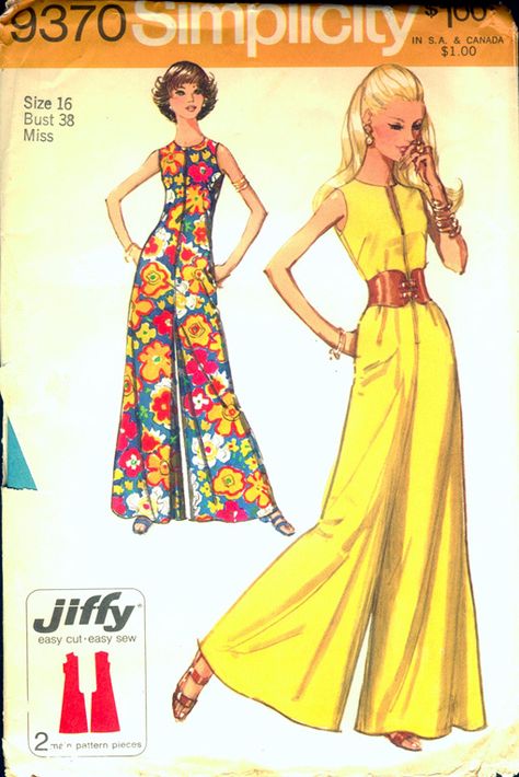 Simplicity 9370; ©1971; Miss Petites' and Misses' Jiffy Jumpsuit. Simple-To-Sew. The ankle length collarless and sleeveless jumpsuit with front zipper has lowered round neckline and optional purchased belt. 1970s Jumpsuit, 70s Mode, 70s Sewing Patterns, Jumpsuit Pattern Sewing, 1970s Sewing Patterns, Mode Retro, Retro Sewing Patterns, Vintage Dress Patterns, Motif Vintage