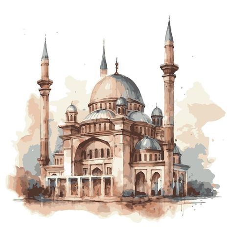 Drawing Mosque Islamic Art, Mosque Aesthetic Drawing, Islamic Art Illustration, Mosque Watercolor Paintings, Islamic Mosque Art, Mosque Illustration Art, Islamic Watercolor Art, Islamic Architecture Painting, Mosque Drawing Sketches