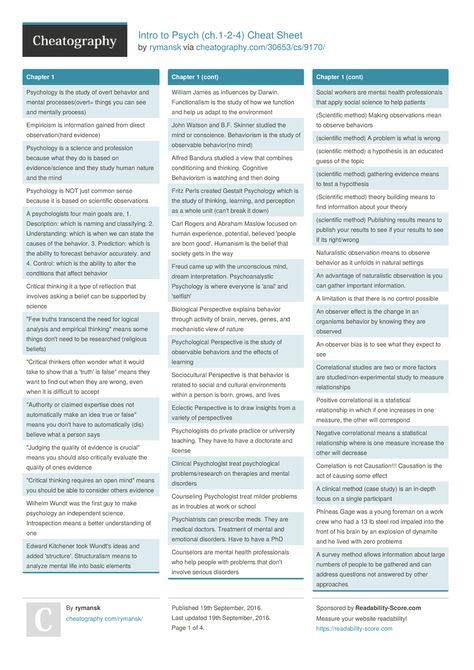 Intro to Psych (ch.1-2-4) Cheat Sheet by rymansk http://www.cheatography.com/rymansk/cheat-sheets/intro-to-psych-ch-1-2-4/ #cheatsheet #to #psych #intro Psychology Notes College Study, Psychology Notes College, Notes College, Intro To Psychology, Introduction To Psychology, Psychology 101, Ap Psychology, Psychology Notes, Psychology Studies