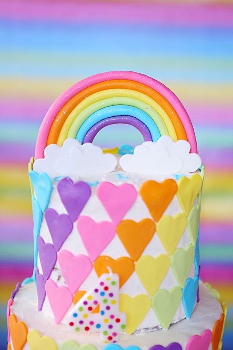 Rainbow cake top from a Rainbow Heart Birthday Party on Kara's Party Ideas | KarasPartyIdeas.com (6) Rainbow And Hearts Birthday Party, Heart Rainbow Cake, Hearts And Rainbows Birthday Party, Rainbow Heart Birthday Party, Carebear Birthday Cake, Heart Cake Ideas Birthdays, Carebear Cake, Rainbow Heart Cake, Heart Birthday Party