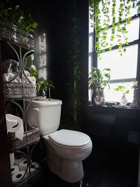 A Tiny NYC Rental Goes Bold with Stripes and Florals: gallery image 22 Black Bathroom Plants, Dark Bathroom With Plants, Black Bathroom With Plants, Dark Bathroom Plants, Liminal Bathroom, Black Room With Plants, All Black Bathroom Ideas, Emerald Bathroom, Greenery Bathroom