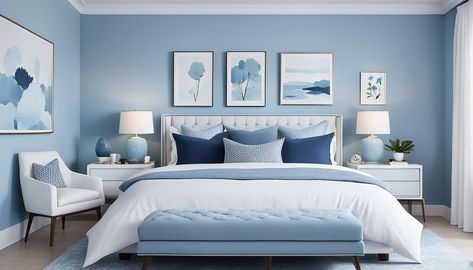 Blue Bedrooms Light Blue Wall Colors Bedroom, Blue Paint For Bedroom Walls, Grey Blue Bedroom Ideas, Light Blue Bedroom Ideas For Women, Baby Blue Bedroom Aesthetic, Blue Girls Bedroom Ideas, Sky Blue Bedroom Ideas, Light Blue Room Ideas Bedroom, Room Color Combination Bedrooms